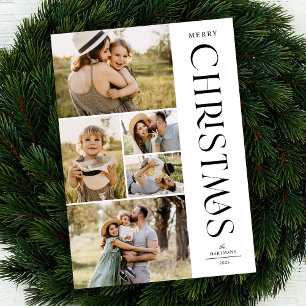 Modern Elegant Black Five Photo Collage Christmas  Holiday Card