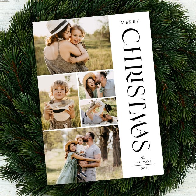 Modern Elegant Black Five Photo Collage Christmas  Holiday Card (Creator Uploaded)