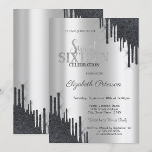 Modern Elegant Black Glitter Drips Sweet 16 Invitation