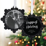 Modern Elegant Black Glitter Photo Christmas Ornament Card<br><div class="desc">These wonderful paper ornament cards feature an elegant faux black glitter background. On the front of the card is a simple round photo shape. On the back is an EDITABLE script greeting in white with your text in a classic serif font. These ornaments make a fabulous holiday card that will...</div>