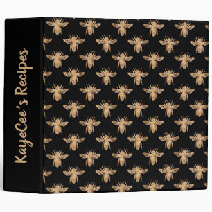 Modern Elegant Black & Gold Bee Pattern 3 Ring Bin Binder