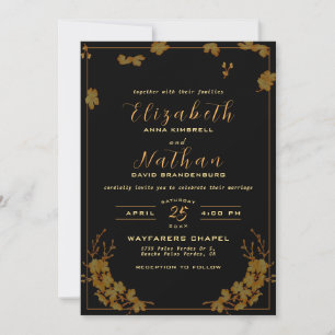 Modern Elegant Black & Gold Floral Wedding Invitation