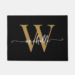 Modern Elegant Black Gold Monogram Name Script Doo Doormat