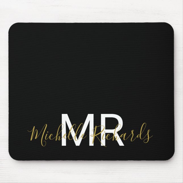 Modern elegant black gold monogram script mouse pad (Front)