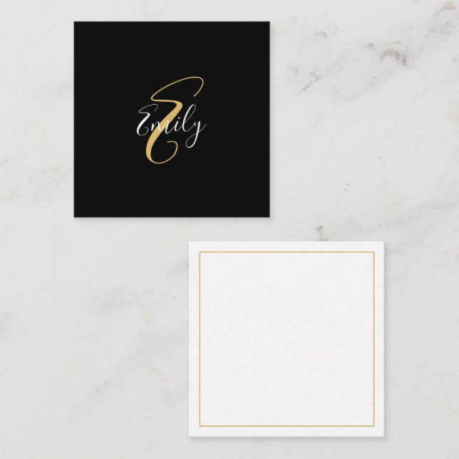 Modern Elegant Black Gold Monogram Script Name Card (Front/Back)