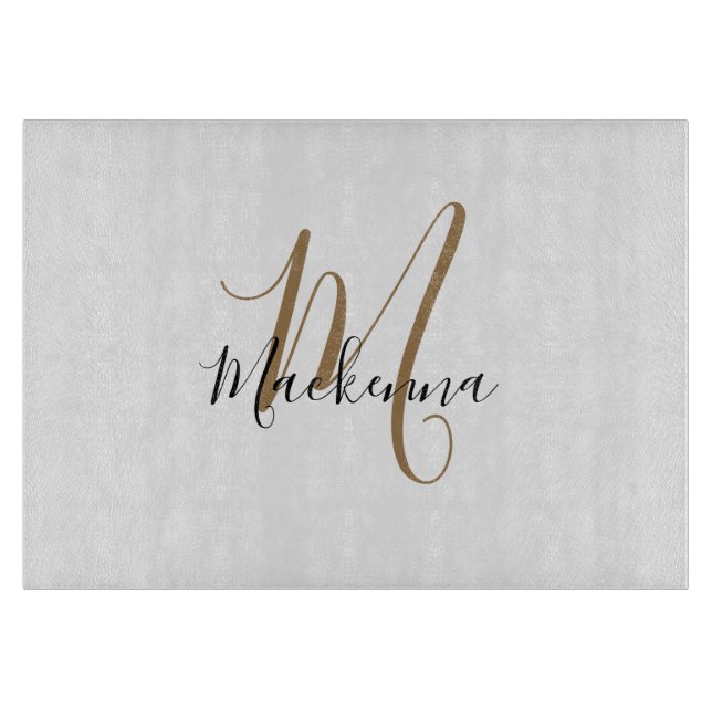 Modern Elegant Black Gold Monogram Script Name Cutting Board (Front)