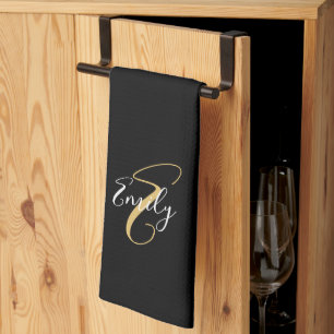 Modern Elegant Black Gold Monogram Script Name Kitchen Towel