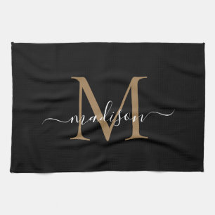 Modern Elegant Black Gold Monogram Script Name Kitchen Towel