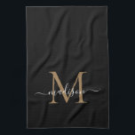 Modern Elegant Black Gold Monogram Script Name Kitchen Towel<br><div class="desc">Modern Stylish Elegant Black Gold Monogram Script Name Kitchen Towel</div>