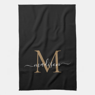 Modern Elegant Black Gold Monogram Script Name Kitchen Towel