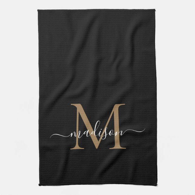 Modern Elegant Black Gold Monogram Script Name Kitchen Towel (Vertical)