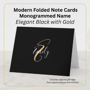 Modern Elegant Black Gold Monogram Script Name Note Card