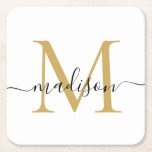 Modern Elegant Black Gold Monogram Script Name Square Paper Coaster<br><div class="desc">Elegant Modern Personalized Black Gold  Monogram Script Name Initial Paper Coaster</div>