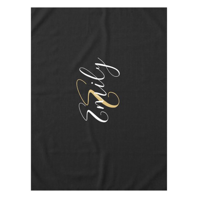 Modern Elegant Black Gold Monogram Script Name Tablecloth (Front)