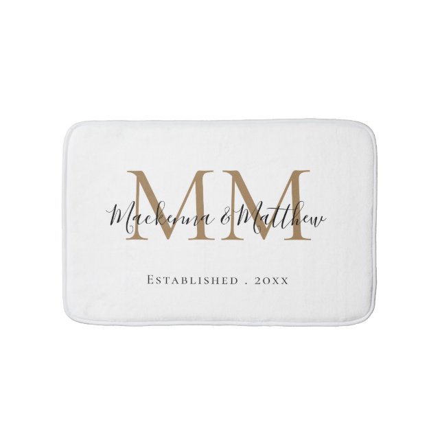 Modern Elegant Black Gold Newlywed Monogram Name Bath Mat (Front)