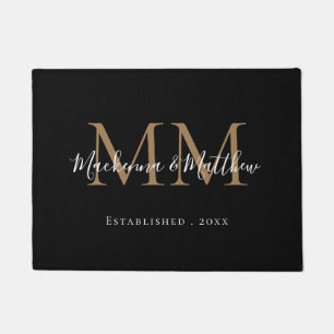 Modern Elegant Black Gold Newlywed Monogram Name Doormat