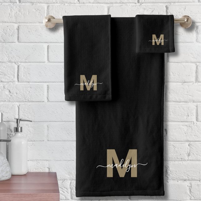 Modern Elegant Black Gold Script Name Monogram Bath Towel Set (Modern Elegant Black Gold Script Name Monogram Bath Towel Set)