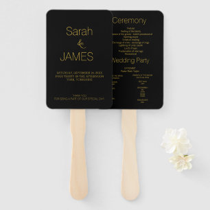 Modern Elegant Black Gold Script Wedding Program  Hand Fan