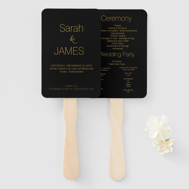 Modern Elegant Black Gold Script Wedding Program  Hand Fan (Front and Back)