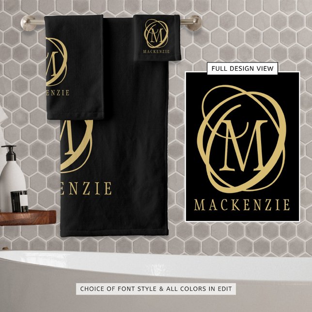 Modern Elegant Black Gold Stylish Monogram Bath Towel Set (Creator Uploaded)