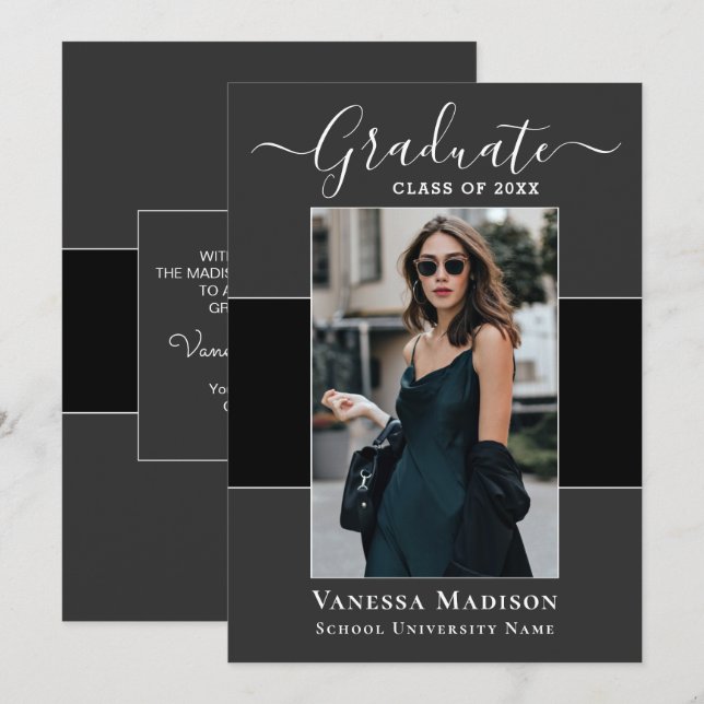 Modern | Elegant Black Grey 1 Photo Graduation Announcement (Front/Back)