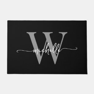 Modern Elegant Black Grey Monogram Name Script Doormat