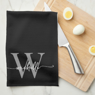 Modern Elegant Black Grey Monogram Name Script Kitchen Towel