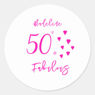 Modern Elegant Black Hot Pink Hearts 50th Birthday Classic Round Sticker
