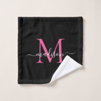 Modern Elegant Black Hot Pink Monogram Script