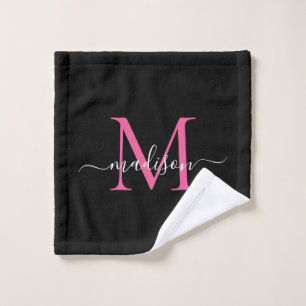 Modern Elegant Black Hot Pink Monogram Script Wash Cloth