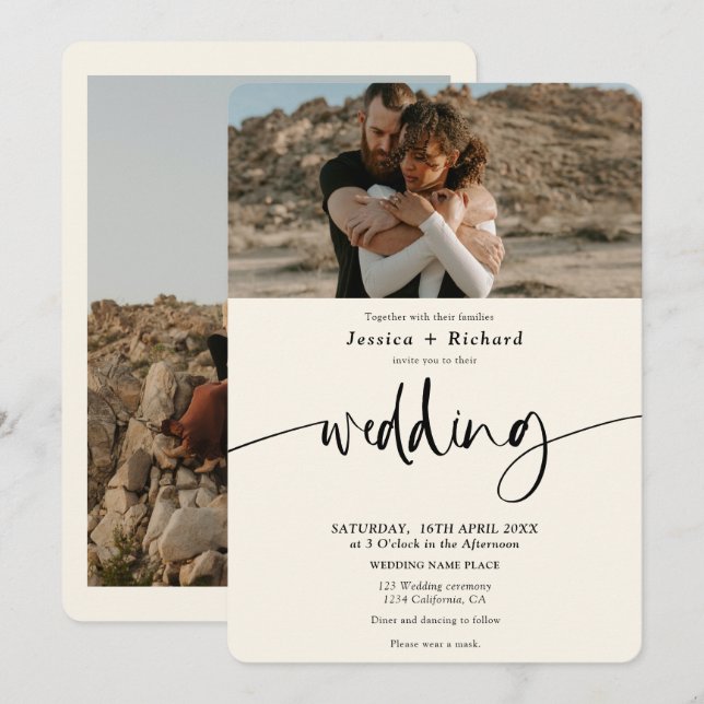 Modern elegant black ivory wedding script photos invitation (Front/Back)