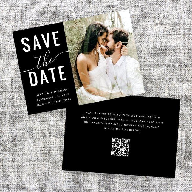 Modern Elegant Black Minimal QR Code Photo Wedding Save The Date (Creator Uploaded)