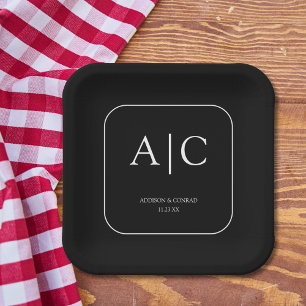  Modern Elegant Black Monogram Wedding Square Paper Plate