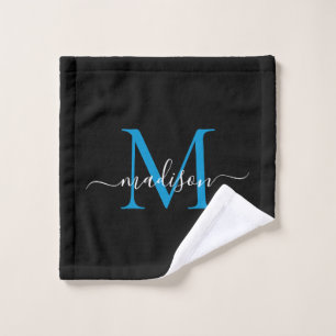 Modern Elegant Black Ocean Blue Monogram Script Wash Cloth