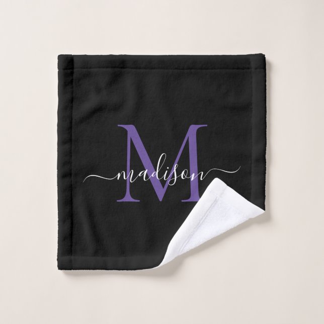 Modern Elegant Black Purple Violet Monogram Script Wash Cloth (Wash Cloth)