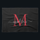 Modern Elegant Black Red Burgundy Monogram Script Kitchen Towel<br><div class="desc">Modern Elegant Black Burgundy Maroon Red Monogram Script Name Kitchen Towel</div>