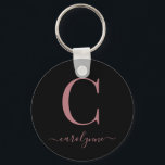 Modern Elegant Black Rose Gold Monogram Script Keychain<br><div class="desc">Chic Elegant Pink Rose Gold Monogram Script on a chic Black Round Keychain. Easy to customize with your own name and details. Perfect for your luxury lifestyle! Please contact us at cedarandstring@gmail.com if you need assistance with the design or matching products.</div>
