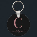 Modern Elegant Black Rose Gold Monogram Script Keychain<br><div class="desc">Chic Elegant Pink Rose Gold Monogram Script on a chic Black Round Keychain. Easy to customize with your own name and details. Perfect for your luxury lifestyle! Please contact us at cedarandstring@gmail.com if you need assistance with the design or matching products.</div>