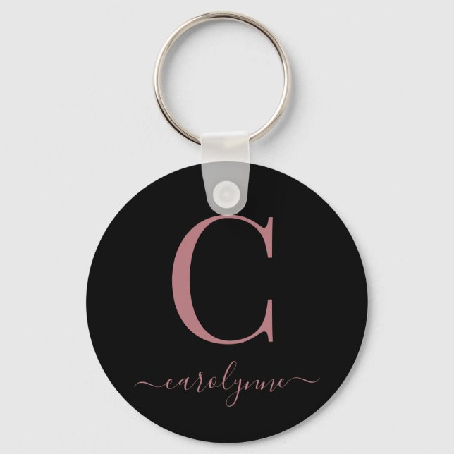 Modern Elegant Black Rose Gold Monogram Script Keychain (Front)
