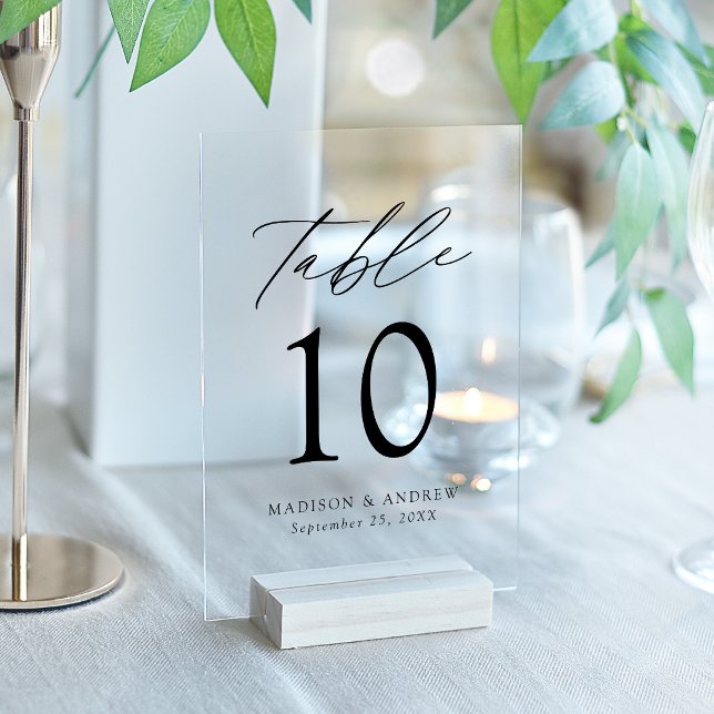 Modern Elegant Black Script Acrylic Table Number (Please note: this table card does not come with a stand.)