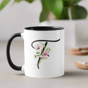 Modern Elegant Black Script Initial "F" Floral  Mug