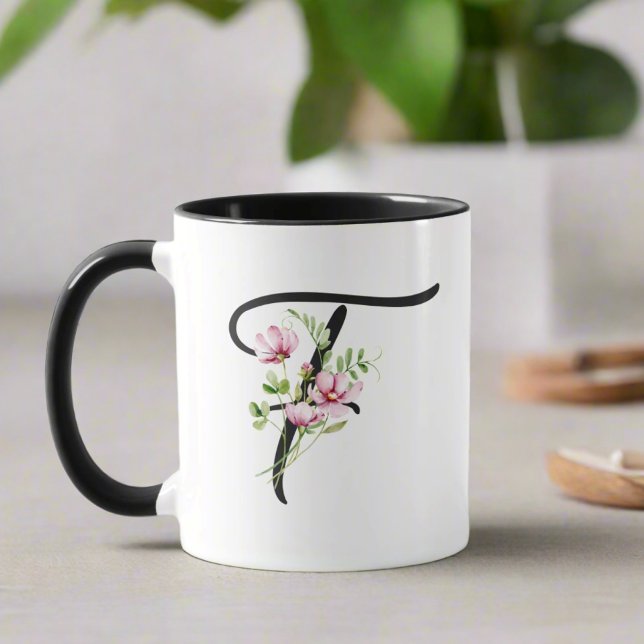 Modern Elegant Black Script Initial "F" Floral  Mug (Creator Uploaded)