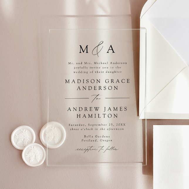Modern Elegant Black Script Monogram Wedding Acrylic Invitations (Creator Uploaded)