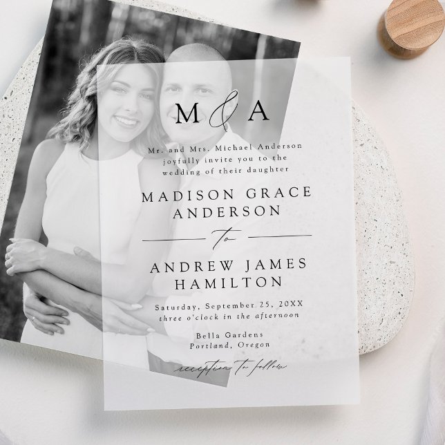 Modern Elegant Black Script Monogram Wedding Vellum Invitations (Creator Uploaded)