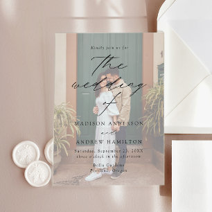 Modern Elegant Black Script Photo Wedding Acrylic Invitations