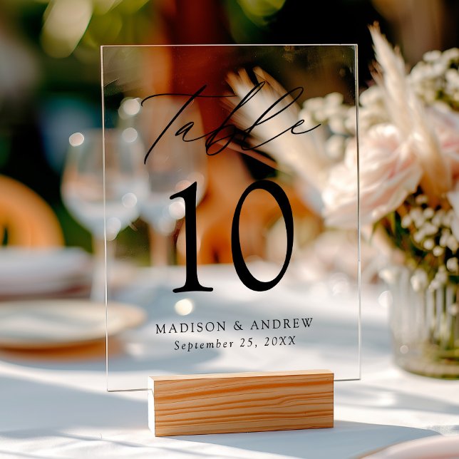 Modern Elegant Black Script Wedding Table Number Acrylic Sign (Please note: The wooden stand does not come with the sign. Zazzle sells a wood block stand.)