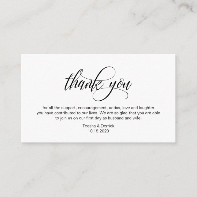 Modern Elegant, Black Script, Wedding Thank you Enclosure Card (Front)