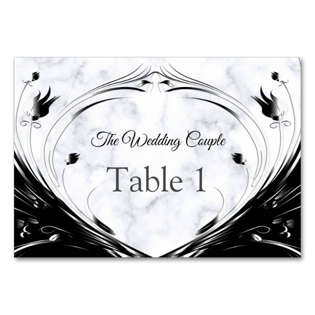 Modern Elegant Black Silhouette on White Marble Table Number (Front)