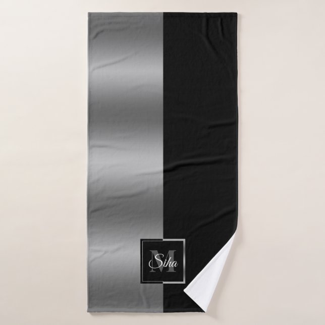 Modern Elegant Black & Silver Geometric Design Bath Towel Set (Bath Towel)