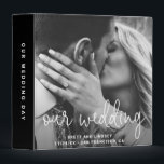 Modern Elegant Black Wedding Photo Album Binder<br><div class="desc">Modern wedding binder featuring your favourite photo with "our wedding" in a thin white handwriting script overlay. Below are your names, and wedding details. The spine and back are black and you may add any text you like to the spine. A simple yet elegant design that makes your picture the...</div>